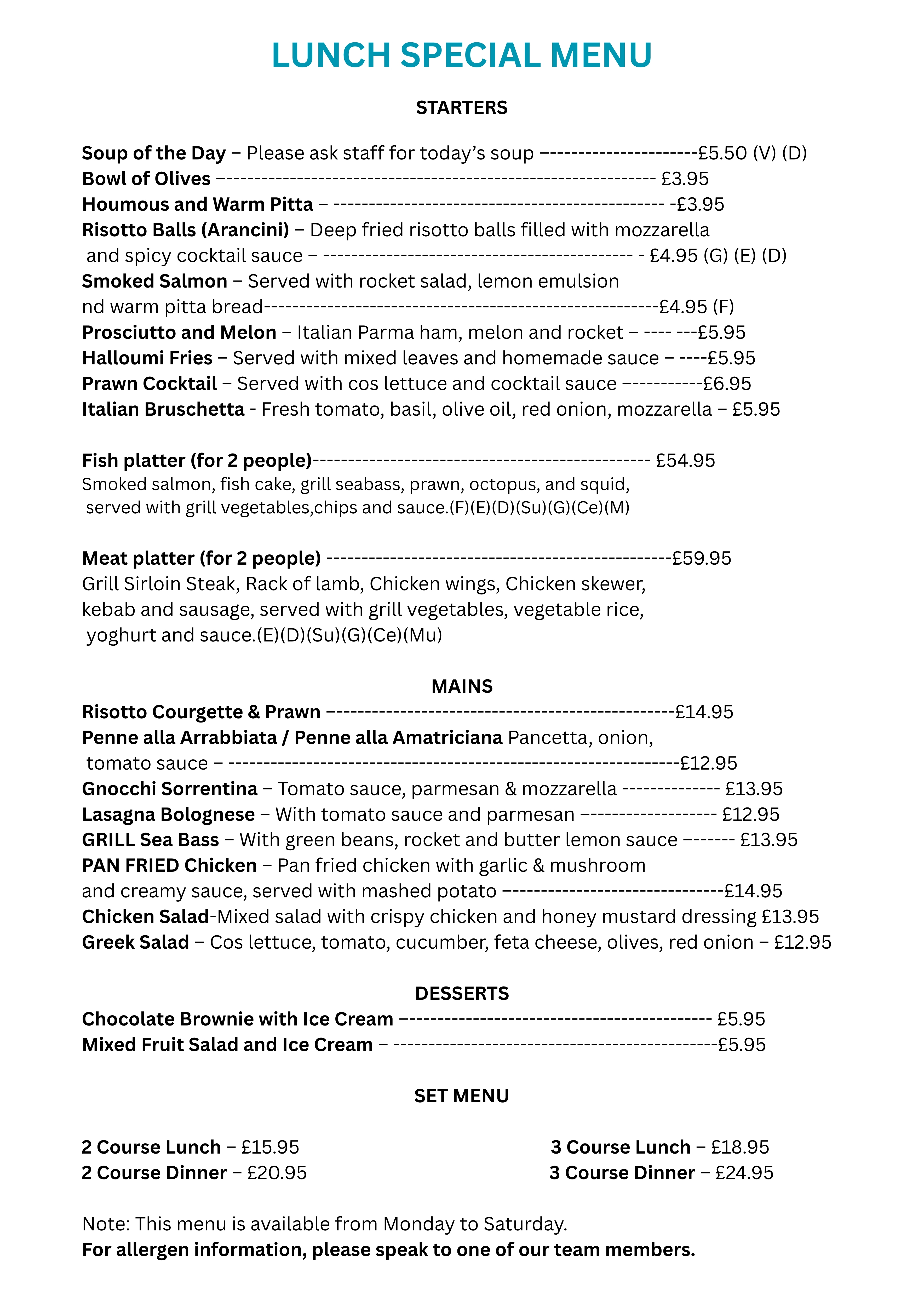 Lunch Special Menu
